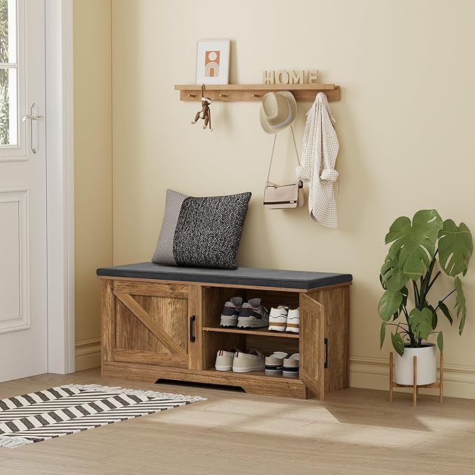 2-Tier Storage Bench, Shoe Bench with Padded Seat Cushion, Entryway Bench with 2 Barn Doors, Adjustable Shelf, 13.8" D x 39.4" W x 17.7" H, for Entryway, Living Room, Bedroom, Rustic Walnut-NeatNest