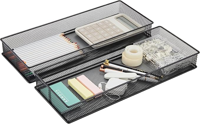 Annova Mesh Stackable Drawer Cabinet and Shelf Organizer Bins Storage Basket School Office Supply Holder Tray- Set of 2 (Black, 6x15x2 Inch)-NeatNest