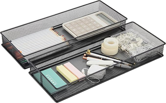 Annova Mesh Stackable Drawer Cabinet and Shelf Organizer Bins Storage Basket School Office Supply Holder Tray- Set of 2 (Black, 6x15x2 Inch)-NeatNest