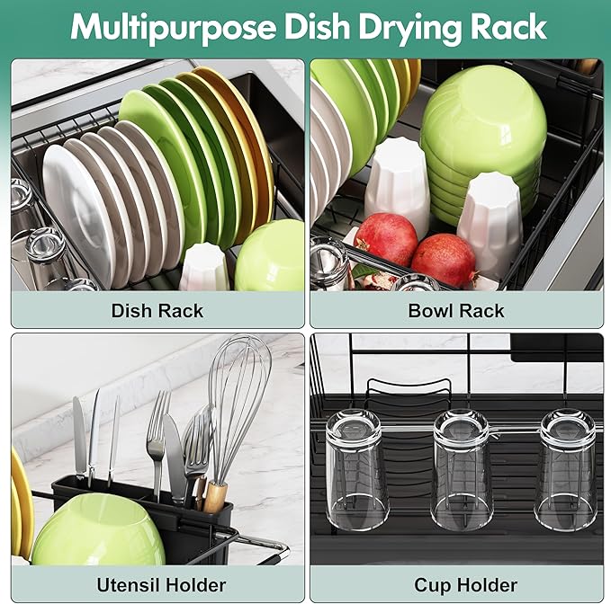 romision Dish Drying Rack in Sink, Black Dish Drying Rack Over Sink, Stainless Steel Black Dish Strainers for Kitchen Sink with Utensil & Cup Holder