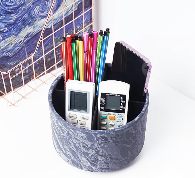 Hennaja Round Leather Art Supply Organizer,Remote Control Holder,360 Degree Spinning,Multi-Functional Pencil Holder,4 Compartments Desktop Stationary Organizer(1-Hill Blue)-NeatNest