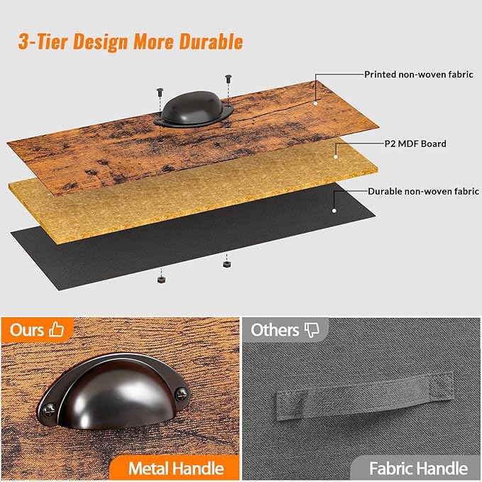 Furologee End Table with Storage Shelf and Fabric Drawer, 2 Tiers Industrial Nightstand, Bedside Table Organizer for Living Room Bedroom, Rustic Brown, Easy Assembly