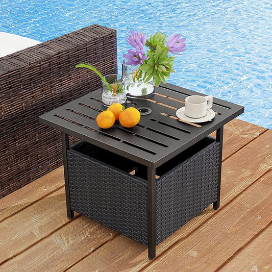 Patio Side Table with Umbrella Hole, 22" Rattan Wicker Umbrella Stand Table, Outdoor End Table for Patio, Garden, Poolside & Yard (Black)