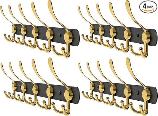 Coat Rack Wall Mount with 5 Tri Hooks, Stainless Steel 16 Inch – Black & Gold Matte Finish, Heavy Duty Wall Mounted Hook Rack for Coats, Hats, Towels, Scarfs, Robes, Bags, Entryway & Bathroom, 4 Pack-NeatNest