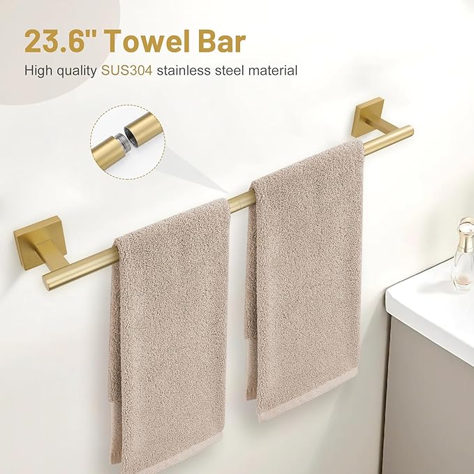 5 Pieces Bathroom Hardware Set Brushed Gold Towel Bar Set Includes 23.6” Towel Bar, Towel Ring Holder, Toilet Paper Holder and Two Towel Hooks, Bathroom Accessories Set SUS304 Wall Mounted