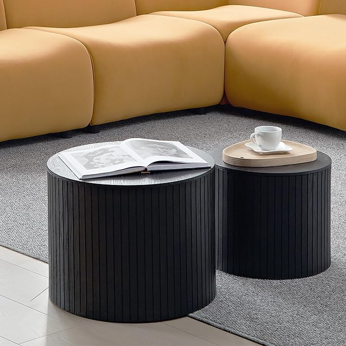 Small Nesting Round Coffee Table Set of 2, Modern Wooden Circle Accent End Side Table for Living Room, Bedroom, No Assembly Required, Black