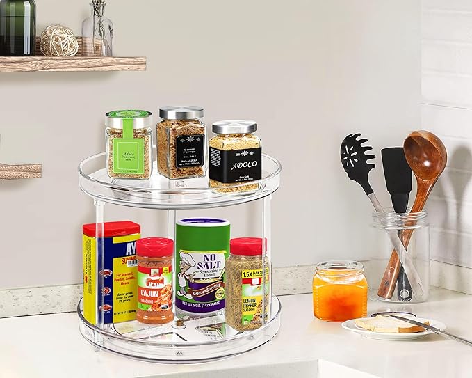 2 Tier Lazy Susan Bathroom Organizer, 9.25Inch Clear 360 Rotating Makeup Organizer for Vanity, Skincare Organizers Perfume Organizer, Spice Rack Organizer for Cabinet- Home Organization and Storage-NeatNest