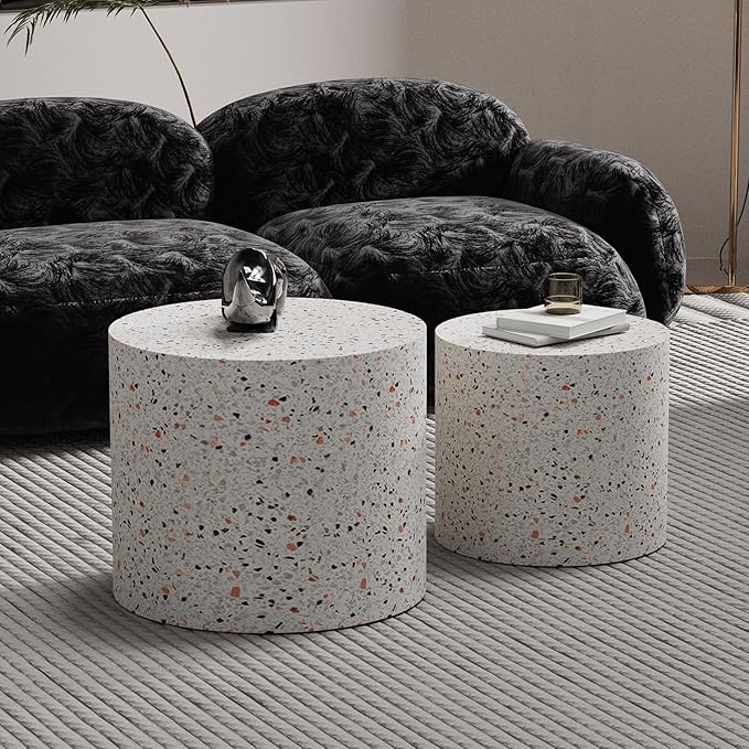 Round Nesting Coffee Table Set of 2 Terrazzo Round Drum Fluted Coffee Tables for Small Space Modern Stacking Nesting Tables Minimalist Circle Center Table 2 Piece for Living Room (Terrazzo)