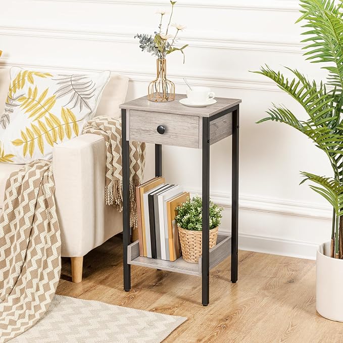 HOOBRO Tall End Table, Nightstand, Industrial Side Table with Drawer and Storage Shelf, for Study, Bedroom, Space Saving, Greige and Black BG71BZ01