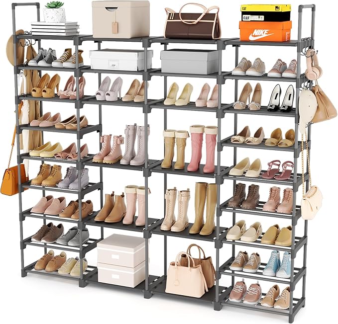 ROJASOP Large Shoe Rack Organizer for Entryway Closet 64-68 Pairs 9-Tier Heavy Duty Tall Garage Shoe Rack Shoe Shelf Shoes Storage with 18 Pcs Removable Side Hooks for Bedroom and Garage Grey-NeatNest