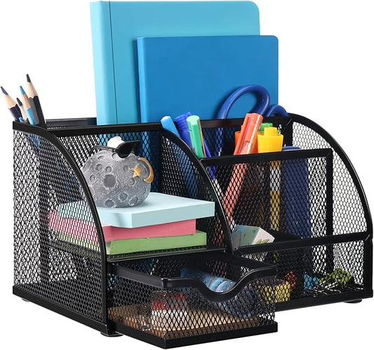 Comix Mesh Pen Pencil Holder Desk Organizer, 7 Compartment Wire Desktop Pen Pencil Cup Caddy Office Supplies for Home Office School, Black-NeatNest