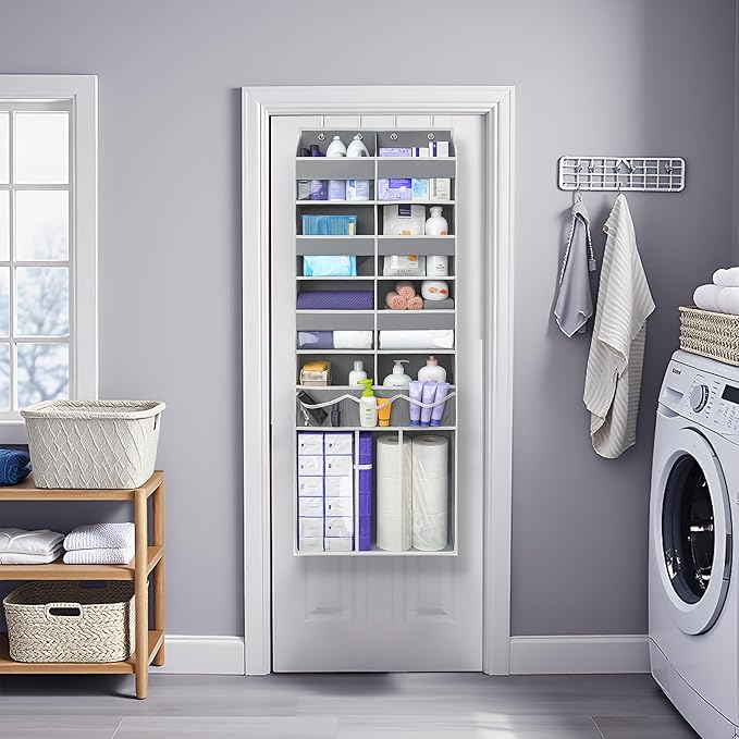 Extra Large Over The Door Organizer with Clear Pockets - 8 Compartments & XL Bottom Storage, Heavy-Duty Hanging Organizer for Bathroom, Bedroom, Closet (57 Inch Height,Grey).