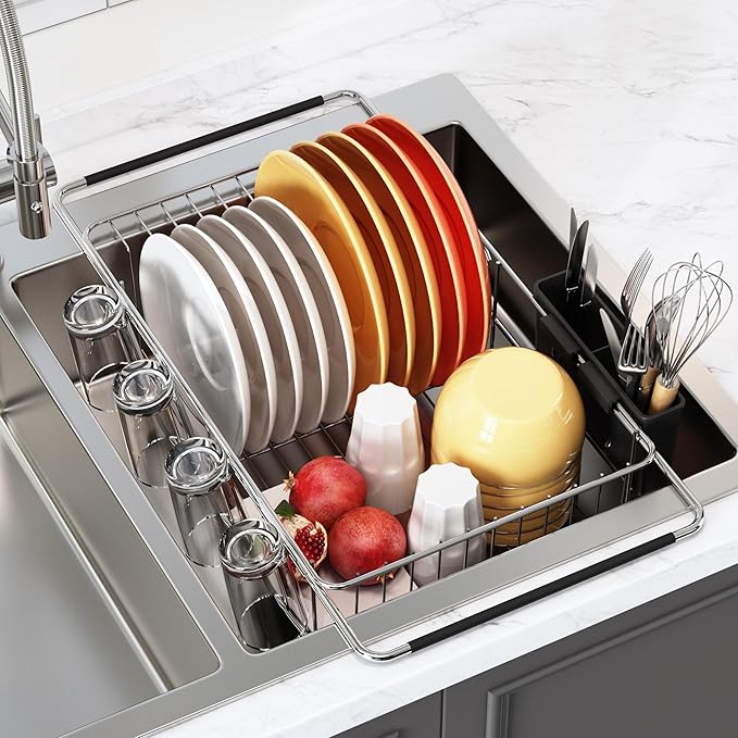 romision in Sink Dish Drying Rack, Stainless Steel Dish Drainers for Kitchen Sink, Use for in Sinks & Over Sink, Compact Dish Dryer Racks with Utensil & Cup Holder, Sliver