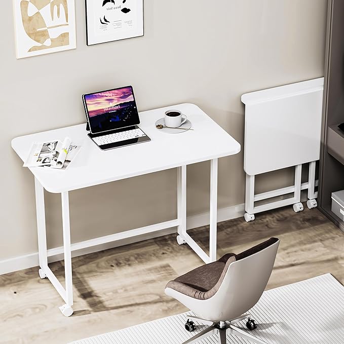 Folding Desk,Not Require Assembly,Small Foldable Desk 31.5" for Small Spaces,Space Saving Computer Table Writing Workstation for Home Office,White-NeatNest