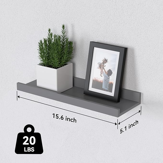 Floating Shelves Set of 6, Grey Wall Shelves with Lip, Display Shelves for Wall Decor, Modern Picture Ledge for Living Room, Bedroom, Nursery, Bathroom, Pictures, Books, Plants- Grey-NeatNest