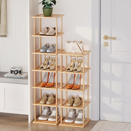 Vertical Tall Shoe Rack Organizer for Entryway -12 Tier Free Standing Slim Narrow Bamboo Wood Corner Stackable Shoe Boots Storage Stand Small Spaces for Closet Garage Cloakroom Living Room (Nature)-NeatNest