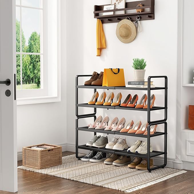 Shoe Rack - Expandable Shoe Organizer for Closet, Adjustable Metal Shoe Shelf Storage, 4 Tier Stackable Long Shoe Stand Holder for Garage, Entryway, Door Entrance, Black-NeatNest