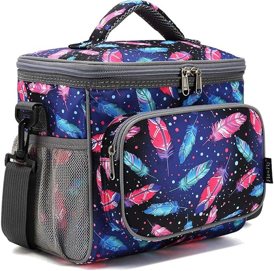 FlowFly Insulated Reusable Lunch Bag Adult Large Lunch Box for Women and Men with Adjustable Shoulder Strap,Front Zipper Pocket and Dual Large Mesh Side Pockets,Feather-NeatNest