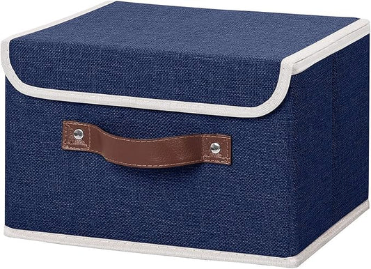 ANMINY Storage Bin with Lid Storage Boxes with PU Leather Handles PP Plastic Board Decorative Foldable Lidded Cotton Linen Fabric Home Cubes Baskets Closet Organizer Container - Blue, Small Size-NeatNest