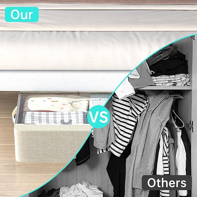 3PCS Under Bed Storage Bins with Metal Frame, Linen Fabric Frame Storage Box Clothes Organizer Bins, Underbed Container with Clear Window (Beige, 23.6 x 13 x 6IN)-NeatNest