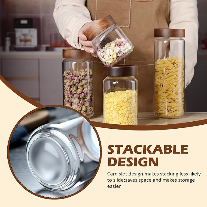 13.5 oz/400 ml Glass Jar with Airtight Wooden Screw Top Lid, Clear Stackable Food Storage Canister, Small Cute Decorative Glass Container for Coffee, Candy, Cookie, Sugar, Oatmeal, Salt, Spice