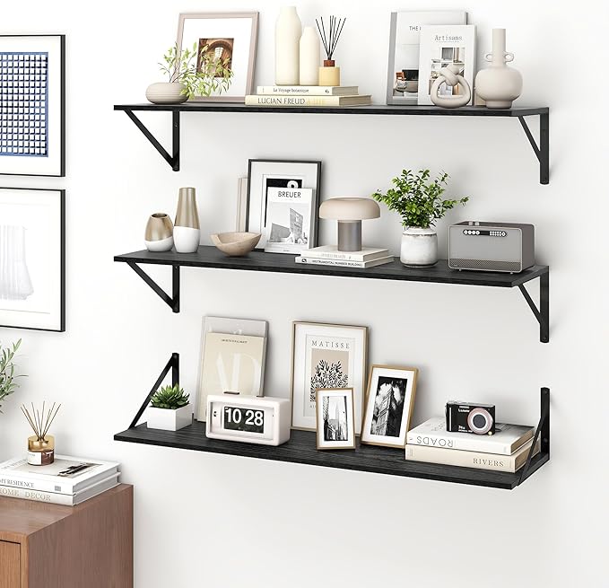 Fun Memories Deep Floating Shelves for Wall, 36W x 8D Wall Mounted Shelves Set of 2, Wide Display Ledge Shelf with Sturdy Metal Brackets for Living Room, Bathroom, Bedroom and Kitchen, Black-NeatNest