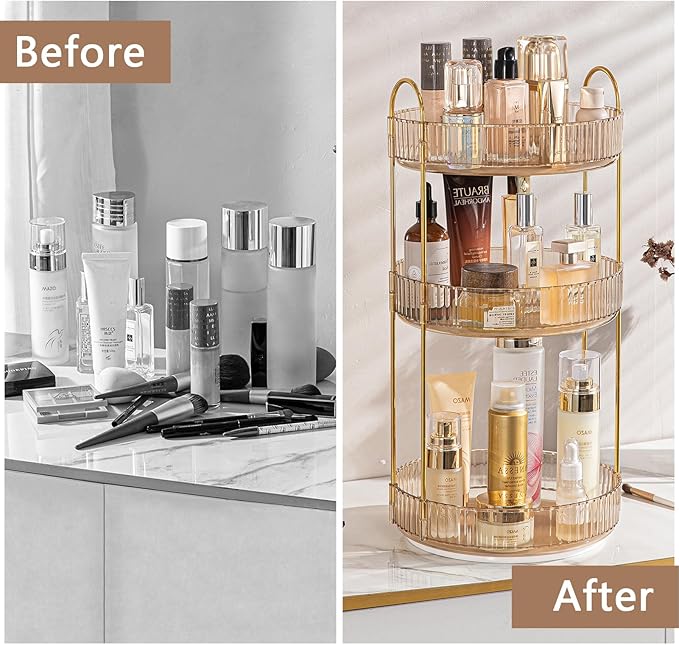 Rotating Makeup Organizer for Vanity, High-Capacity Skincare Clear Make Up Storage Perfume Organizers Cosmetic Dresser Organizer Countertop 360 Spinning (Gold, 3 Tier)-NeatNest
