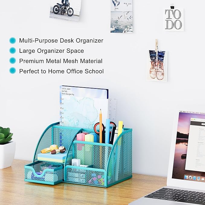 EasyPAG Mesh Desk Organizer, Multi-functional Stationery Organizer for School Supplies, Office Pen Holder for Desk, 6 Compartments Dorm Organization with Drawer, Blue