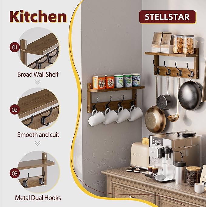 Coat Rack with Shelf Wall Mount, Entryway Bamboo Hanging Shelf, Set of 2, Wall Hook Rail for Hallway Décor, Storage Clothe, Hat, Robe, Key, Dog Leash (Walnut)-NeatNest