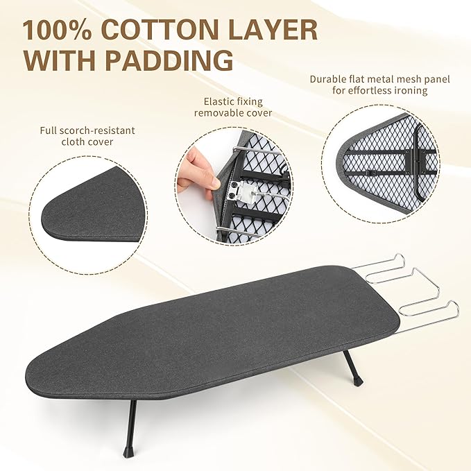 Folding Tabletop Ironing Board with Iron Rest, 31.6 x 12.5 inches, Padded Cotton Cover, Metal Mesh Panel, Mini Iron Board for Small Space and Travel,Gray
