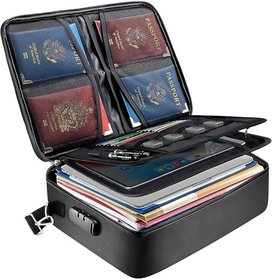 BALEINE Fireproof Document Box with Lock, Portable Fireproof Document Bag Waterproof Fire Proof File Boxes for Documents, File Organizer Box for Important Paperwork (Black, 15''x11''x4'')