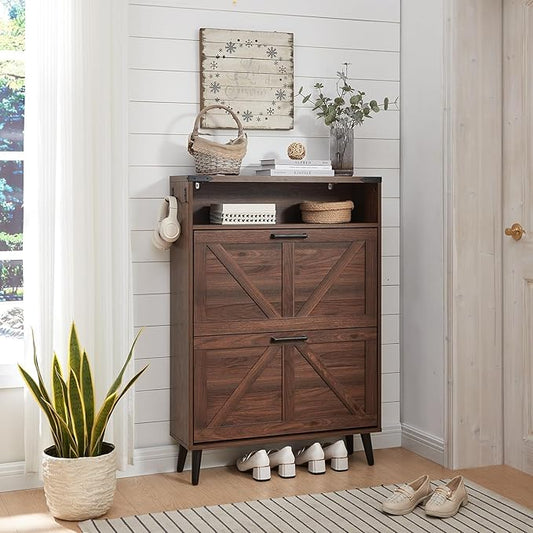 Shoe Storage Cabinet,Farmhouse Shoe Organizer with 2 Flip Drawers & Barn Door Design,Freestanding Hidden Slim Narrow Shoe Rack Cabinet with Open Storage for Entryway, Foyer,Hallway, Walnut-NeatNest