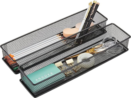 Annova Mesh Stackable Drawer Cabinet and Shelf Organizer Bins Storage Basket School Office Supply Holder Tray- Set of 2 (Black, 3x12x2 Inch)-NeatNest