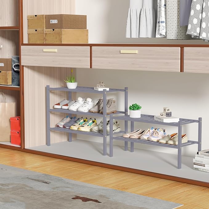 2 Tier Bamboo Shoe Rack for Closet Free Standing Wood Shoe Shelf for Entryway Small Space Stackable 27"x11"x13" (Grey)-NeatNest
