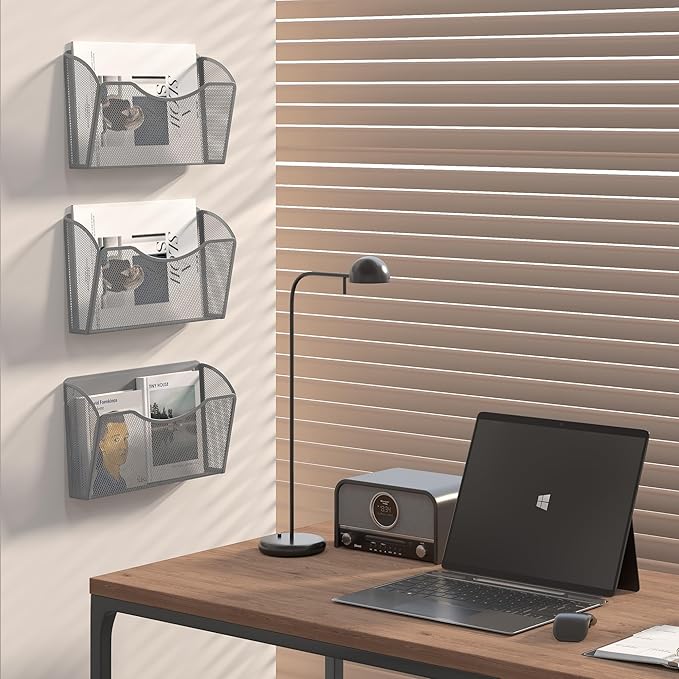 EasyPAG 3 Pack Wall File Holder, Single Mesh Hanging File Organizer for A4 Letter Size Paper, Wall Mount Paperwork Basket for Office, Home, School, Silver