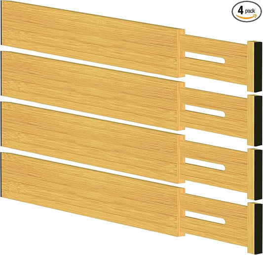 4 Pack Bamboo Drawer Dividers, Adjustable Length from 12 Inch to 17 Inch, Expandable Kitchen Drawer Organizer, Drawer Organization Separators for Clothes, Kitchen, Bedroom, Dresser, Office (Beige)-NeatNest