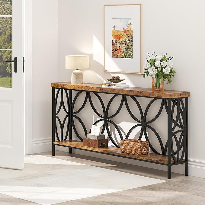 karlott 70.9 inch Extra Long Console Table, Industrial Sofa Table Behind Couch with 2 Tier Storage Shelf, Narrow Long Entryway Table for Living Room, Foyer, Hallway, Office, Rustic Brown-NeatNest