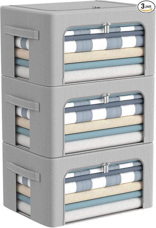 3Pack Frame Storage Box - Clothes Storage Bin Bags Oxford Fabric Foldable Stackable Container Organizer Set with Clear Window & Carry Handles Large Capacity (Grey, Small-22L)-NeatNest