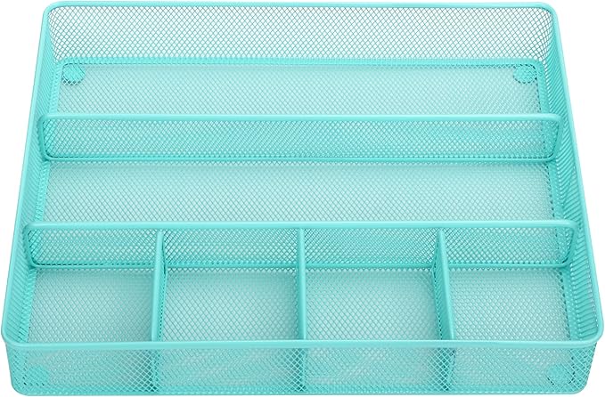 Annova Desk Top Organizer Tray for Office Organization - Metal Mesh - Storage Tray with Dividers for Pens, Desktop Accessories, Bathroom, Kitchen, Makeup and Office Supplies (Large, Turquoise)-NeatNest