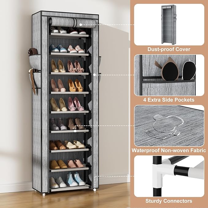 Shoe Rack with Cover Narrow Shoe Rack Organizer with 4 Side Pockets 10 Tier Tall Shoe Storage Shoe Shelf Holds 18-22 Pairs Shoes and Boots Shoe Rack for Closet, Printing-NeatNest
