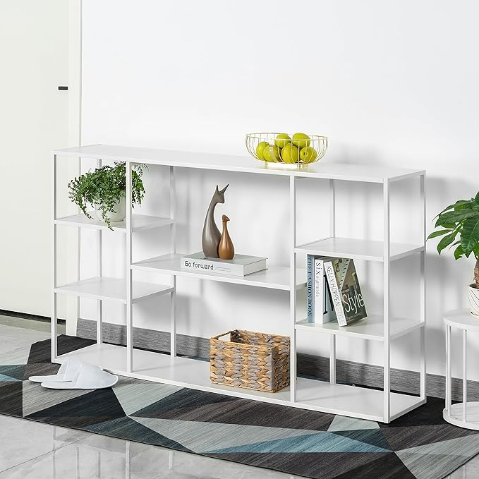 55 Inch Metal Console Table with 8 Storage Shelves,Extra Long Entryway Table,Narrow Sofa Table,Hallway Table for Entrances to Corridor, Foyer,Living Room (White, 55.12×11.81×31.5in)-NeatNest