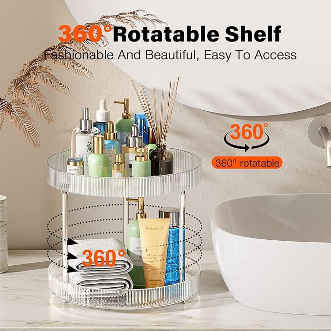 360° Clear Rotating Storage Tray, 2 Tier Lazy Susan Bathroom Countertop Organizer, Cosmetics and Perfume Organizer, Spinning Storage Tray Vanity Organizer Shelf for Bathroom Cabinet, Kitchen(Medium)-NeatNest