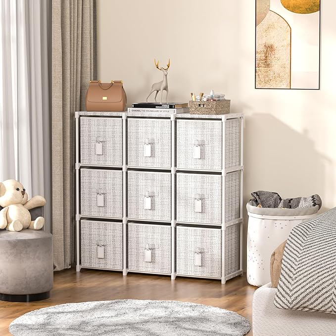 9 Cube Storage Organizer with Printed Drawers, Toy Cubby Storage for Closet, Living Room, Dorm - White-NeatNest