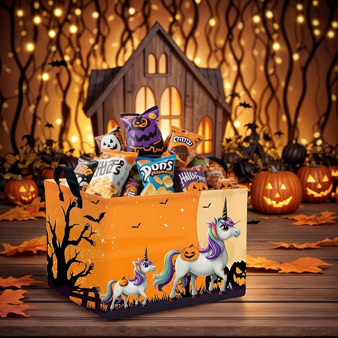 Halloween Basket Gift Cute Pumpkin Ghost Parties Decor Kid Trick or Treat Basket for Boys and Girls Rectangular Storage Bin Box (Unicorn Bat)-NeatNest