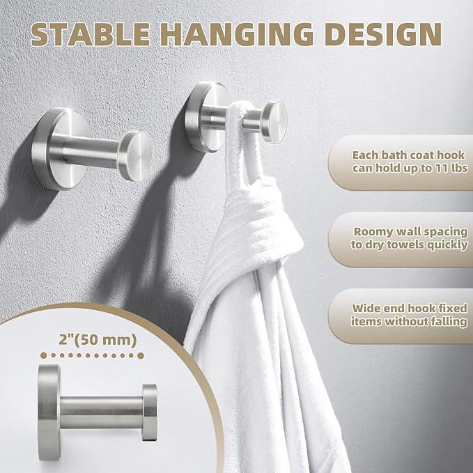 APLusee Brushed Nickel Bathroom Towel Hooks, 304 Stainless Steel Coat Hook 2 Pack, Heavy Duty Towel Hanger for Bathroom, Wall Mounted