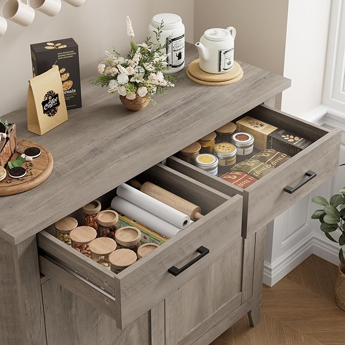 HORSTORS Kitchen Storage Cabinet, Modern Farmhouse Buffet Cabinet with Storage, Coffee Bar with 2 Drawers and 2 Doors, Floor Sideboard Buffet for Living Room, Dining Room, Bathroom, Grey