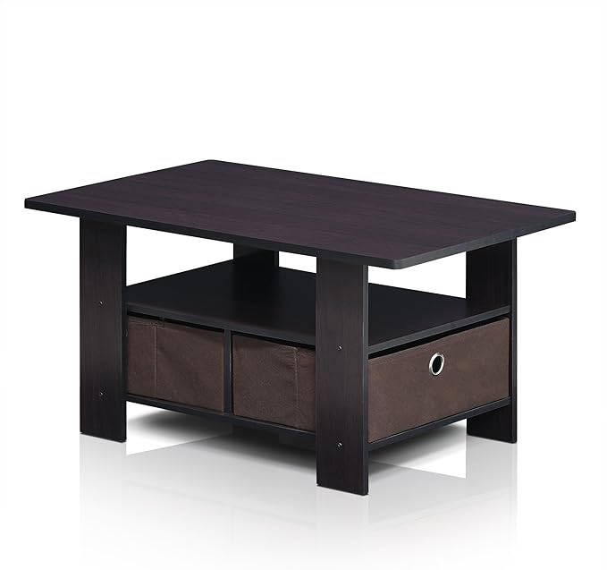 Furinno Andrey Coffee Table with Bin Drawer, Dark Walnut-NeatNest