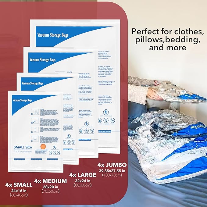 Vacuum Storage Bags with Electric Air Pump 16 Combo (4 Jumbo/4 Large/4 Medium/4 Small), Plastic Packaging Bags,Travel Vacuum Bags For Luggage,Clothes, Pillows, Comforters, Blankets, Bedding-NeatNest