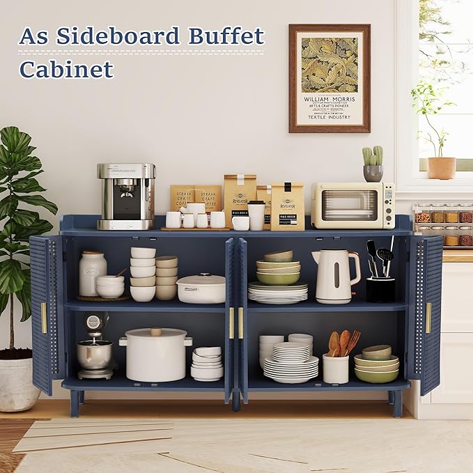 4 Doors Storage Cabinet, 2 Tier Wooden Storage Organizer Cabinet with Adjustable Shelf, Sideboard Buffet Cabinets with Iron Curved Doors Accent Shoe Rack for Entryway Hallway Living Room (Blue)-NeatNest