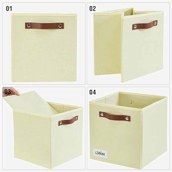 Collapsible Fabric Storage Cube Bins with 2 Reinforced PU Handles, Foldable Storage Organizer Baskets for Closet, Shelves, Living Room | 11"x11"x11", 4 Pack, Full Beige-NeatNest